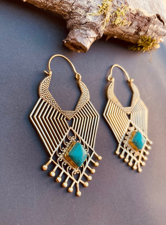 Ethnic Inca Turquoise Brass Earrings / Tribal / Rustic / Yoga / Hippie / Gypsy / Psy / Boho / Bohemian / Festival