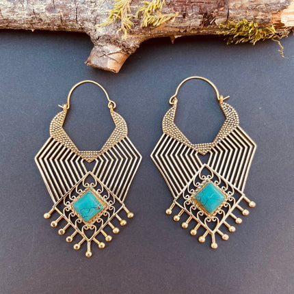 Ethnic Inca Turquoise Brass Earrings / Tribal / Rustic / Yoga / Hippie / Gypsy / Psy / Boho / Bohemian / Festival