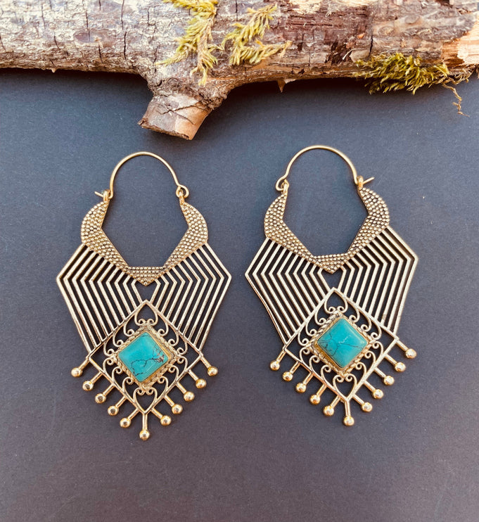 Ethnic Inca Turquoise Brass Earrings / Tribal / Rustic / Yoga / Hippie / Gypsy / Psy / Boho / Bohemian / Festival