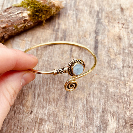 Golden Moonstone Bracelet / Brass / Adjustable / Spiral / Ethnic / Rustic / Bohemian / Boho /