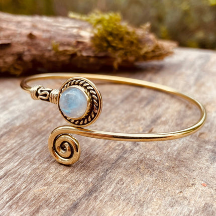 Golden Moonstone Bracelet / Brass / Adjustable / Spiral / Ethnic / Rustic / Bohemian / Boho /