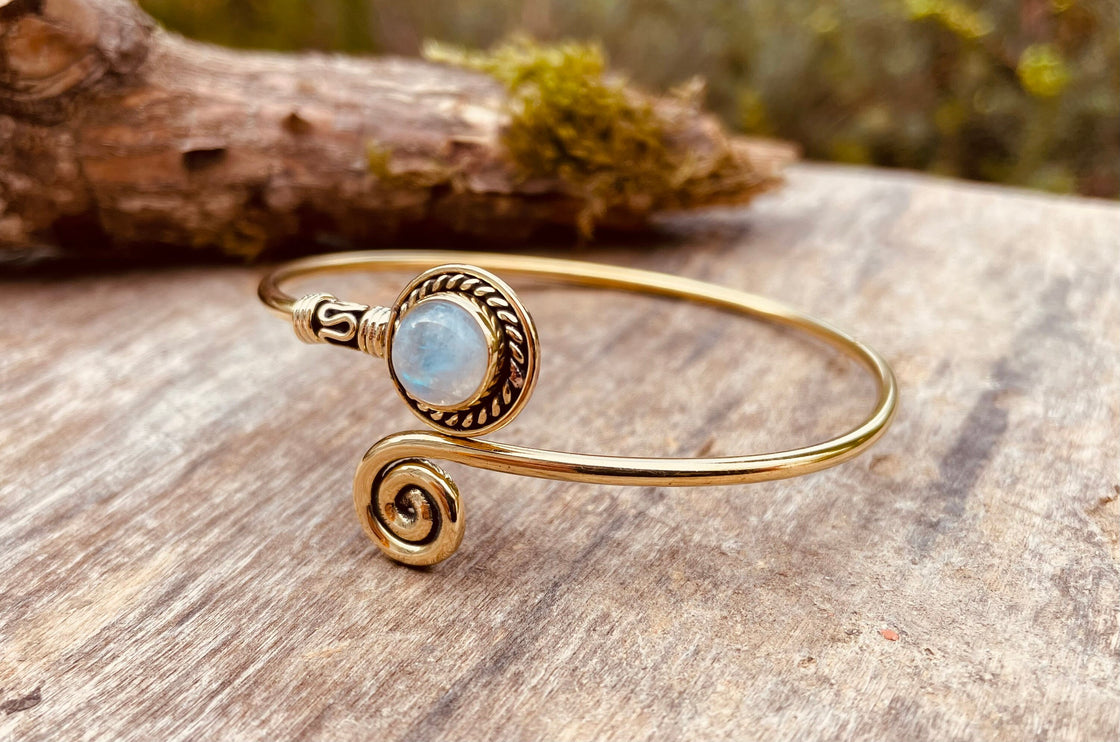 Golden Moonstone Bracelet / Brass / Adjustable / Spiral / Ethnic / Rustic / Bohemian / Boho /