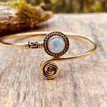 Golden Moonstone Bracelet / Brass / Adjustable / Spiral / Ethnic / Rustic / Bohemian / Boho /