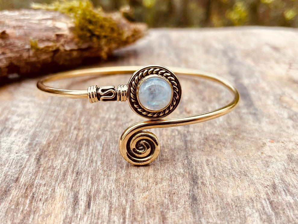 Golden Moonstone Bracelet / Brass / Adjustable / Spiral / Ethnic / Rustic / Bohemian / Boho /