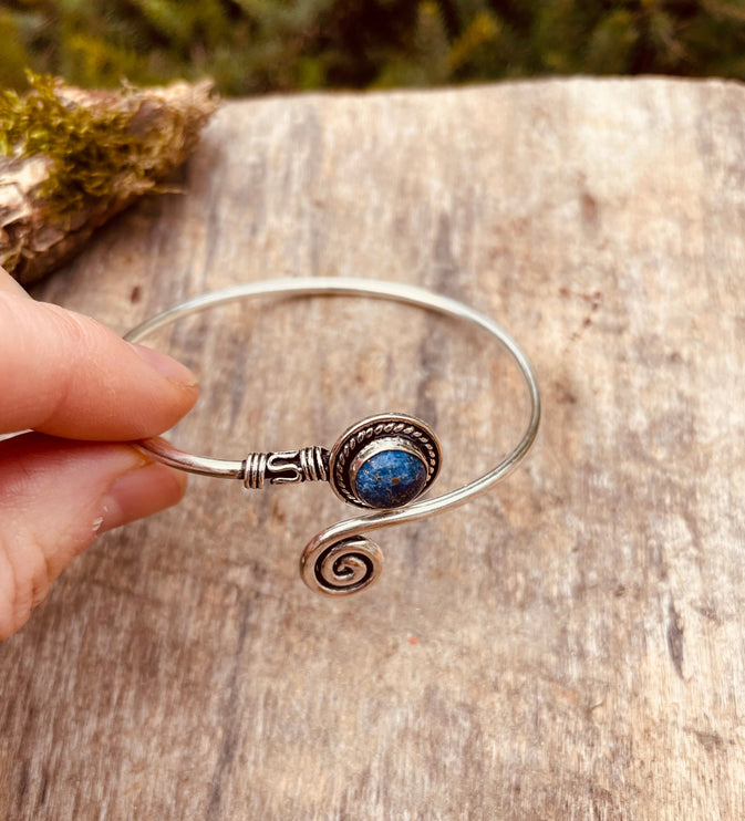 Lapis Lazuli Silver Bracelet / Adjustable / Spiral / Ethnic / Rustic / Bohemian / Boho / 