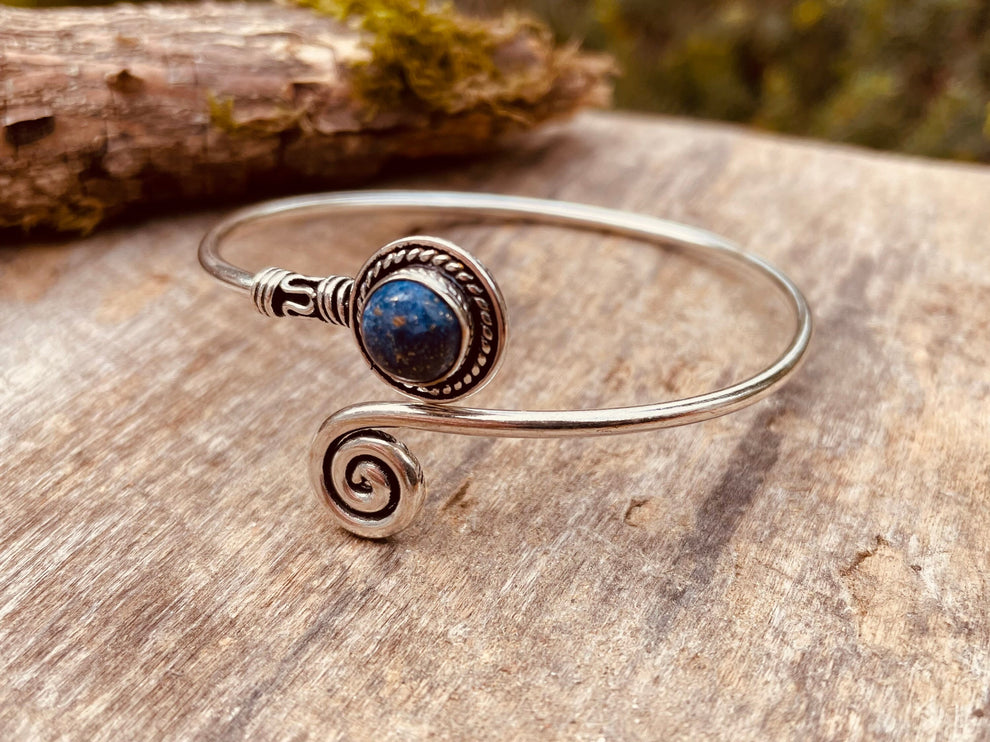 Lapis Lazuli Silver Bracelet / Adjustable / Spiral / Ethnic / Rustic / Bohemian / Boho / 