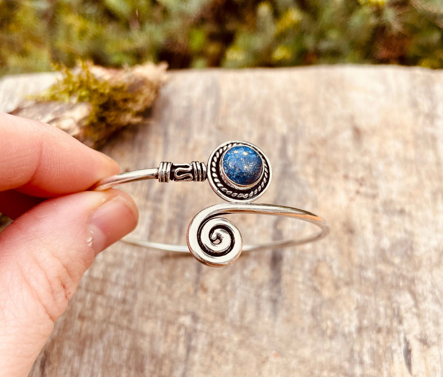 Lapis Lazuli Silver Bracelet / Adjustable / Spiral / Ethnic / Rustic / Bohemian / Boho / 