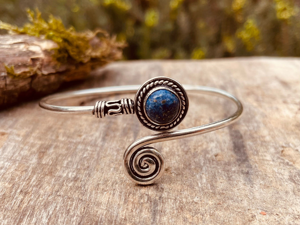 Lapis Lazuli Silver Bracelet / Adjustable / Spiral / Ethnic / Rustic / Bohemian / Boho / 