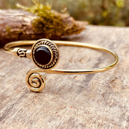 Golden Bracelet & Black Onyx / Brass / Adjustable / Spiral / Ethnic / Rustic / Bohemian / Boho /