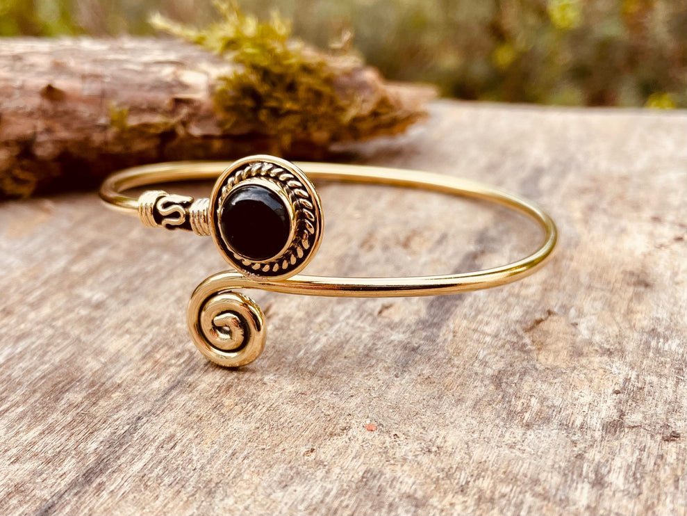 Golden Bracelet & Black Onyx / Brass / Adjustable / Spiral / Ethnic / Rustic / Bohemian / Boho /