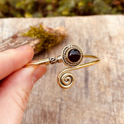 Golden Bracelet & Black Onyx / Brass / Adjustable / Spiral / Ethnic / Rustic / Bohemian / Boho /