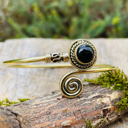 Golden Bracelet & Black Onyx / Brass / Adjustable / Spiral / Ethnic / Rustic / Bohemian / Boho /