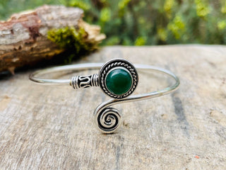 Silver Bracelet & Green Onyx / Adjustable / Spiral / Ethnic / Rustic / Bohemian / Boho / 
