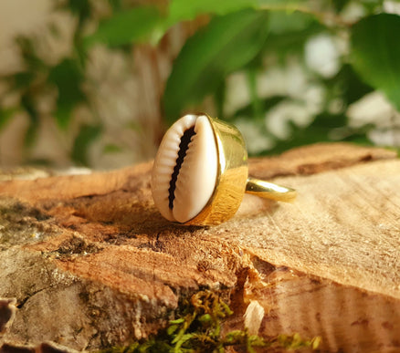 Cowrie Shell Brass Ring / Bohemian / Ethnic / Psy / Rustic / Tribal / Gypsy / Festival / Healing / Festival