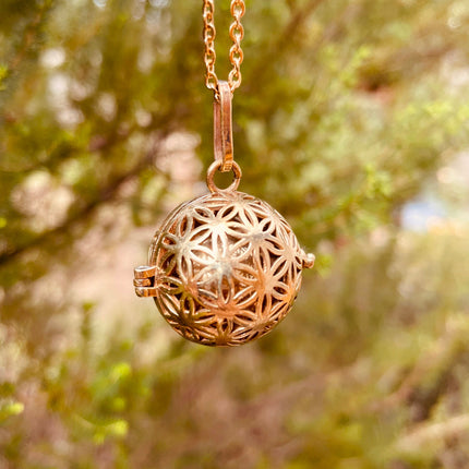 Golden Bola Necklace Flower of Life / Pregnancy / Harmony Ball / Chimes / Bell / Vegan / Ethnic / Boho / Tribal / Rustic / Hypoallergenic