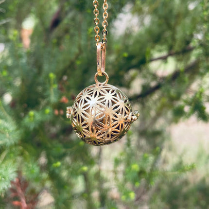 Golden Bola Necklace Flower of Life / Pregnancy / Harmony Ball / Chimes / Bell / Vegan / Ethnic / Boho / Tribal / Rustic / Hypoallergenic