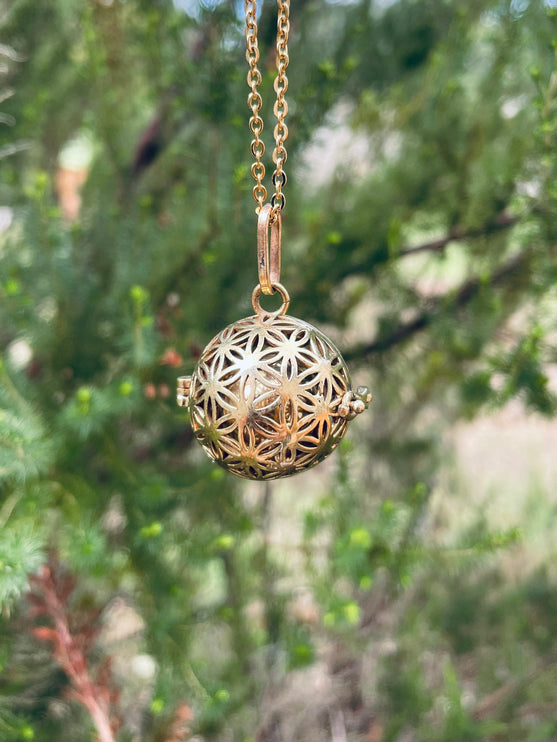 Golden Bola Necklace Flower of Life / Pregnancy / Harmony Ball / Chimes / Bell / Vegan / Ethnic / Boho / Tribal / Rustic / Hypoallergenic