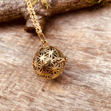 Golden Bola Necklace Flower of Life / Pregnancy / Harmony Ball / Chimes / Bell / Vegan / Ethnic / Boho / Tribal / Rustic / Hypoallergenic