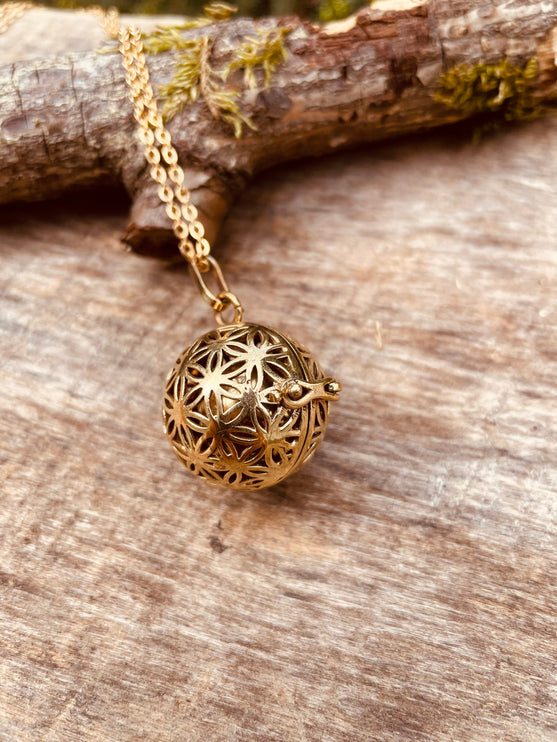 Golden Bola Necklace Flower of Life / Pregnancy / Harmony Ball / Chimes / Bell / Vegan / Ethnic / Boho / Tribal / Rustic / Hypoallergenic