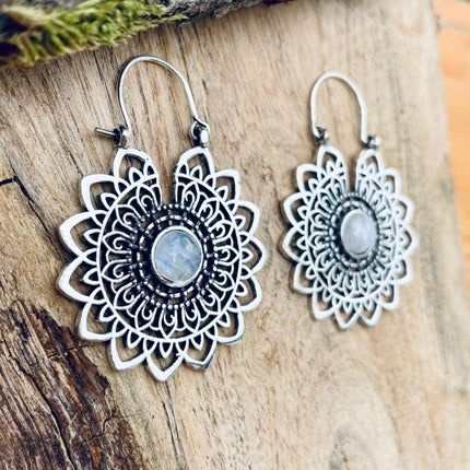 Silver Mandala Flower Moonstone Earrings ; Ethnic, Geometric, rustic, yoga, hippie, gypsy, pretty, boho, bohemian, festival