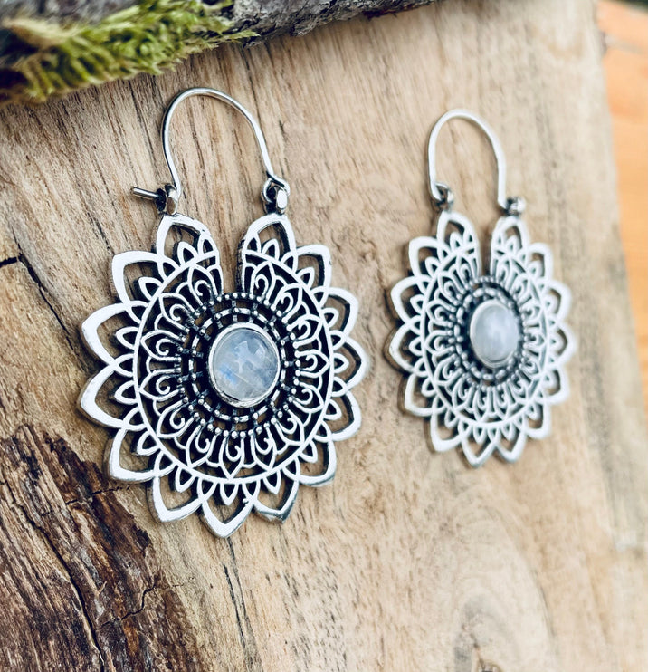 Silver Mandala Flower Moonstone Earrings ; Ethnic, Geometric, rustic, yoga, hippie, gypsy, pretty, boho, bohemian, festival