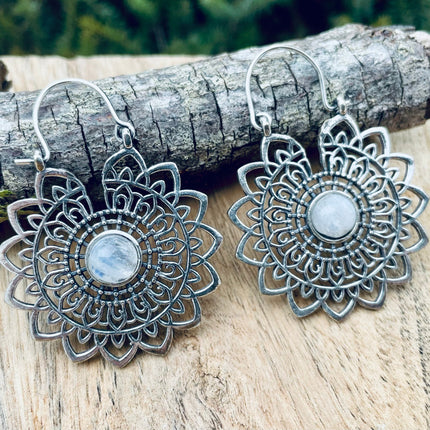 Silver Mandala Flower Moonstone Earrings ; Ethnic, Geometric, rustic, yoga, hippie, gypsy, pretty, boho, bohemian, festival