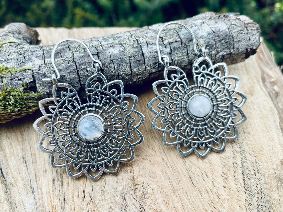 Silver Mandala Flower Moonstone Earrings ; Ethnic, Geometric, rustic, yoga, hippie, gypsy, pretty, boho, bohemian, festival