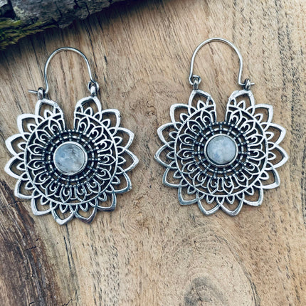 Silver Mandala Flower Moonstone Earrings ; Ethnic, Geometric, rustic, yoga, hippie, gypsy, pretty, boho, bohemian, festival