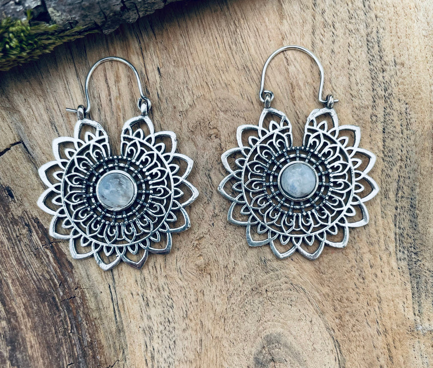 Silver Mandala Flower Moonstone Earrings ; Ethnic, Geometric, rustic, yoga, hippie, gypsy, pretty, boho, bohemian, festival