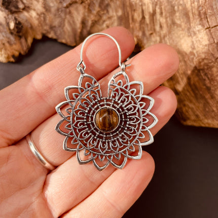 Silver Tiger Eye Mandala Flower Earrings ; Ethnic, Geometric, rustic, yoga, hippie, gypsy, pretty, boho, bohemian, festival