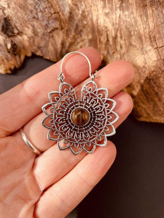 Silver Tiger Eye Mandala Flower Earrings ; Ethnic, Geometric, rustic, yoga, hippie, gypsy, pretty, boho, bohemian, festival