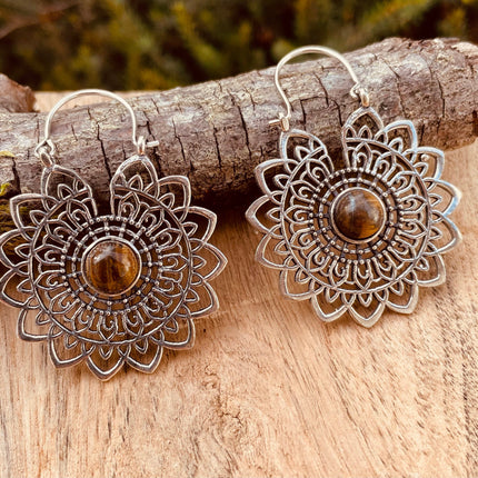 Silver Tiger Eye Mandala Flower Earrings ; Ethnic, Geometric, rustic, yoga, hippie, gypsy, pretty, boho, bohemian, festival