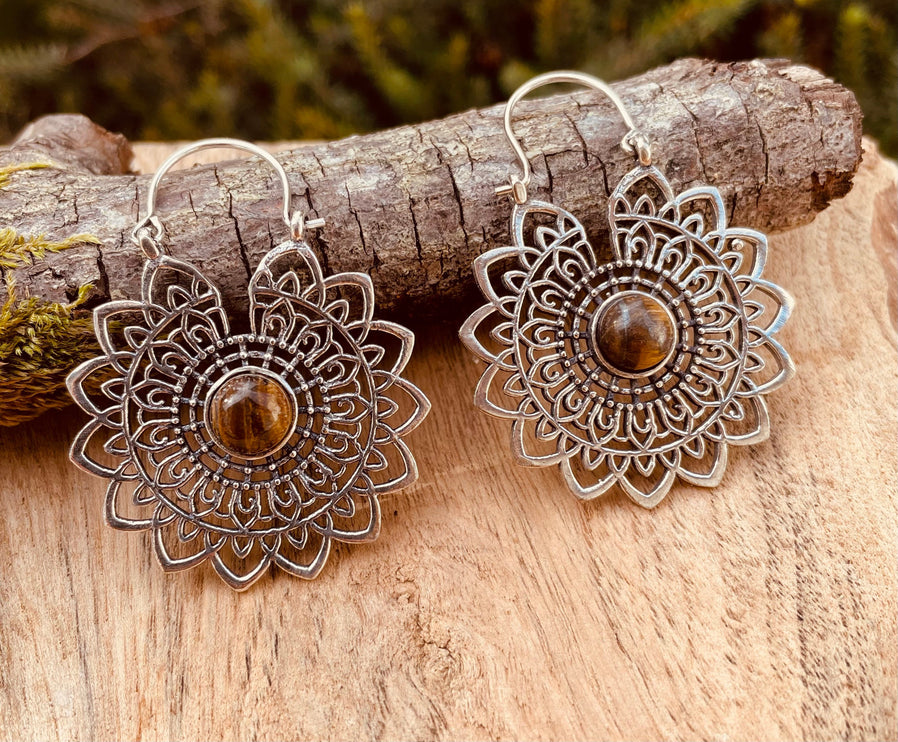 Silver Tiger Eye Mandala Flower Earrings ; Ethnic, Geometric, rustic, yoga, hippie, gypsy, pretty, boho, bohemian, festival