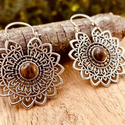 Silver Tiger Eye Mandala Flower Earrings ; Ethnic, Geometric, rustic, yoga, hippie, gypsy, pretty, boho, bohemian, festival