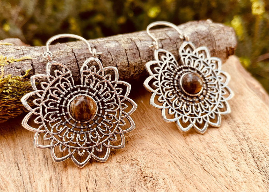 Silver Tiger Eye Mandala Flower Earrings ; Ethnic, Geometric, rustic, yoga, hippie, gypsy, pretty, boho, bohemian, festival