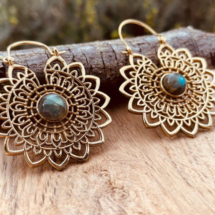 Golden Mandala Flower Labradorite Earrings ; Ethnic, Geometric, rustic, yoga, hippie, gypsy, pretty, boho, bohemian, festival