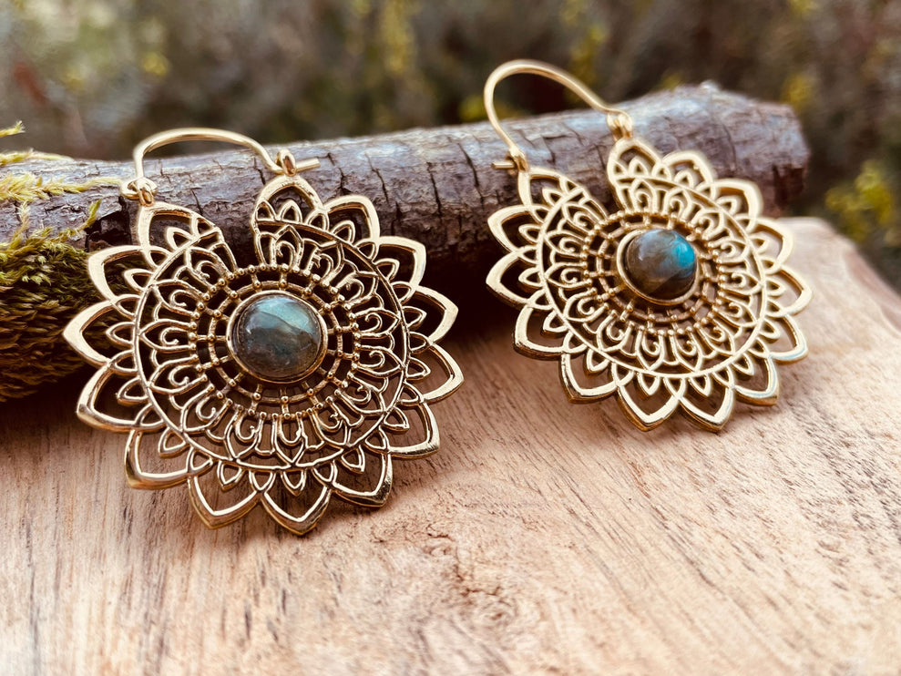 Golden Mandala Flower Labradorite Earrings ; Ethnic, Geometric, rustic, yoga, hippie, gypsy, pretty, boho, bohemian, festival