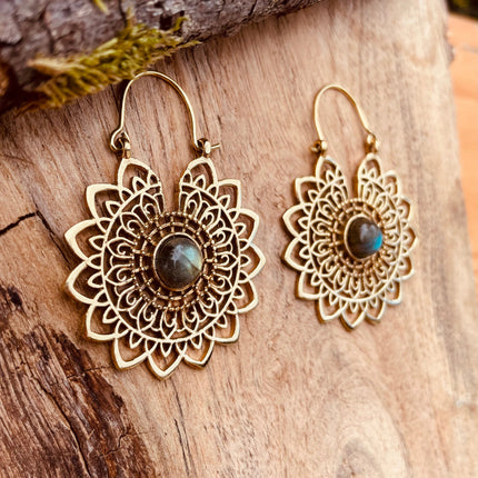 Golden Mandala Flower Labradorite Earrings ; Ethnic, Geometric, rustic, yoga, hippie, gypsy, pretty, boho, bohemian, festival