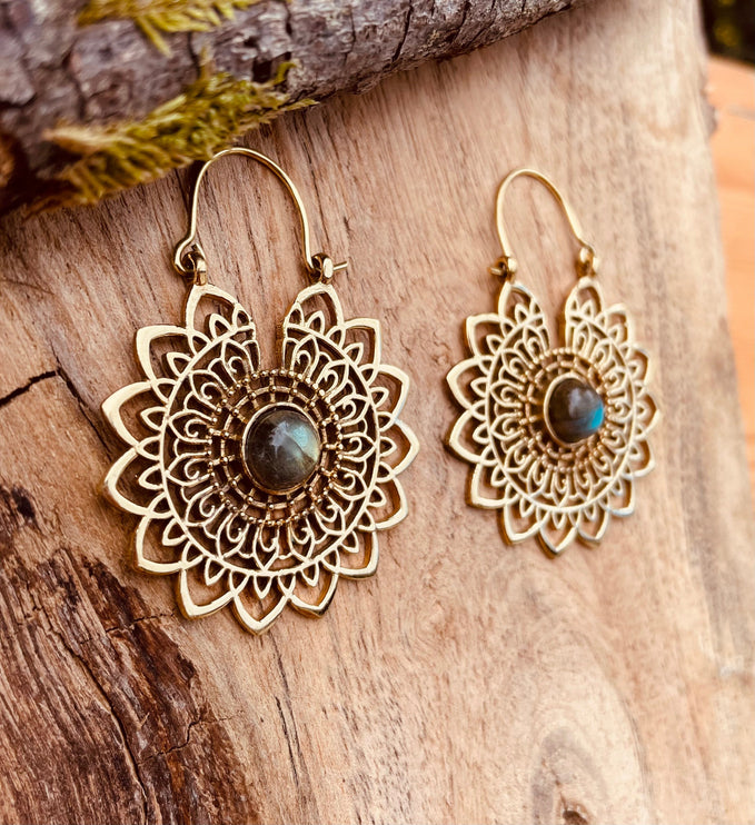 Golden Mandala Flower Labradorite Earrings ; Ethnic, Geometric, rustic, yoga, hippie, gypsy, pretty, boho, bohemian, festival