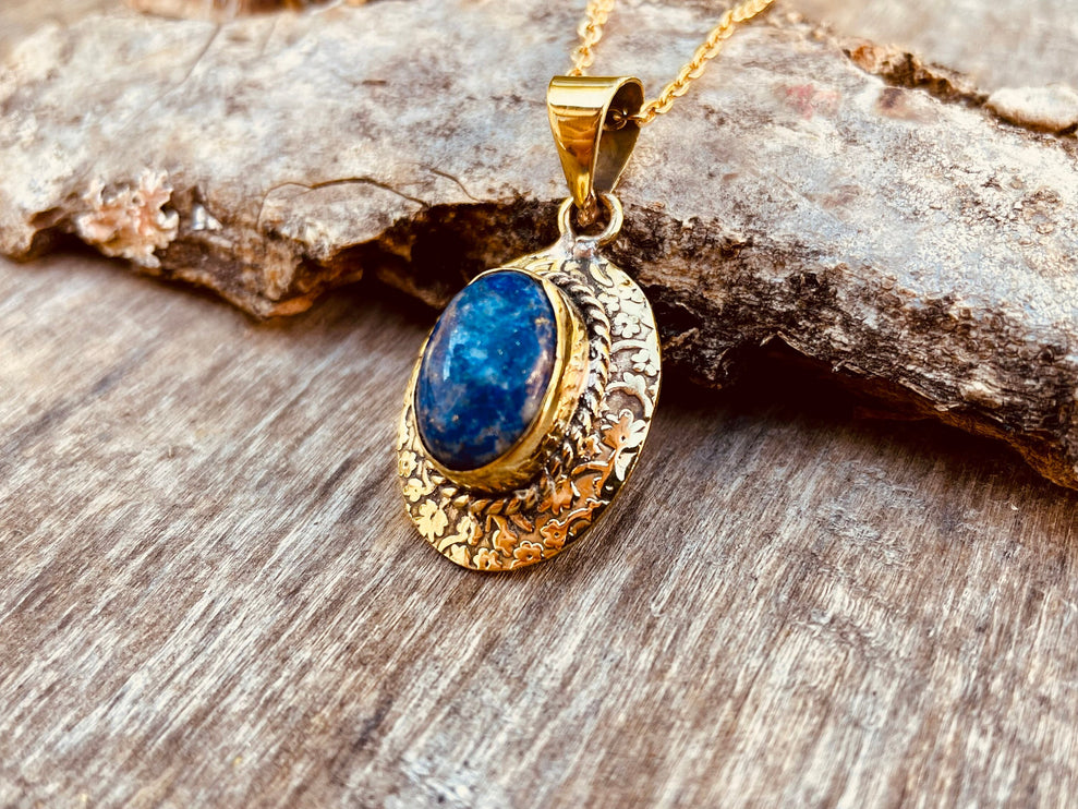 Lapis Lazuli Pendant Necklace Gold Chain / Brass / Ethnic / Hypoallergenic / Hippie / Gypsy / Rustic