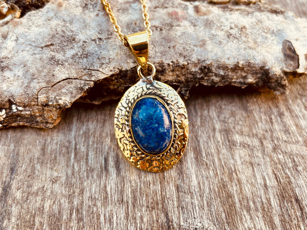 Lapis Lazuli Pendant Necklace Gold Chain / Brass / Ethnic / Hypoallergenic / Hippie / Gypsy / Rustic