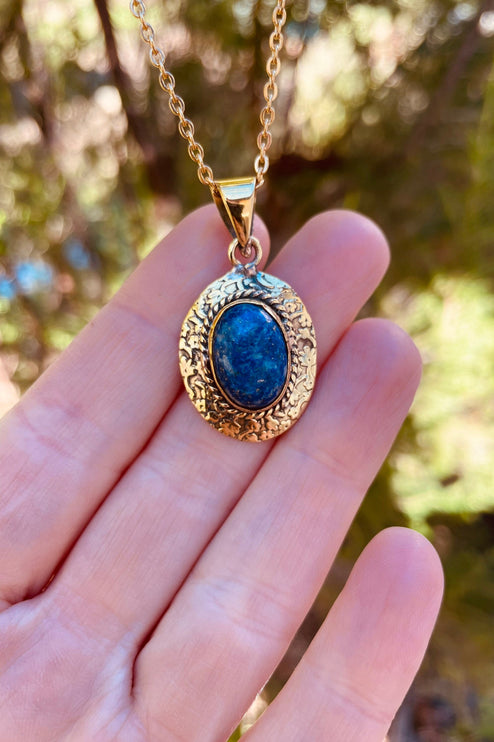 Lapis Lazuli Pendant Necklace Gold Chain / Brass / Ethnic / Hypoallergenic / Hippie / Gypsy / Rustic