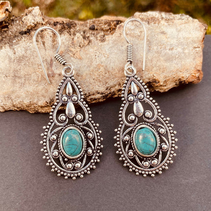 Ethnic Turquoise Silver Drop Dangle earrings / Birth Stone / Ethnic / rustic, yoga, hippie, gypsy, pretty, psy, boho, bohemian, festival