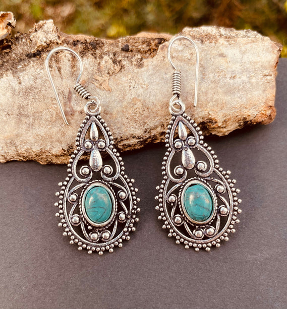 Ethnic Turquoise Silver Drop Dangle earrings / Birth Stone / Ethnic / rustic, yoga, hippie, gypsy, pretty, psy, boho, bohemian, festival