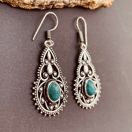 Ethnic Turquoise Silver Drop Dangle earrings / Birth Stone / Ethnic / rustic, yoga, hippie, gypsy, pretty, psy, boho, bohemian, festival