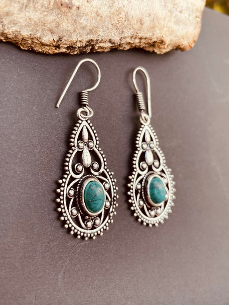 Ethnic Turquoise Silver Drop Dangle earrings / Birth Stone / Ethnic / rustic, yoga, hippie, gypsy, pretty, psy, boho, bohemian, festival