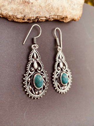 Ethnic Turquoise Silver Drop Dangle earrings / Birth Stone / Ethnic / rustic, yoga, hippie, gypsy, pretty, psy, boho, bohemian, festival