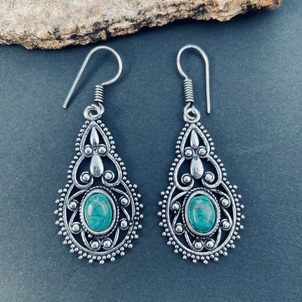 Ethnic Turquoise Silver Drop Dangle earrings / Birth Stone / Ethnic / rustic, yoga, hippie, gypsy, pretty, psy, boho, bohemian, festival