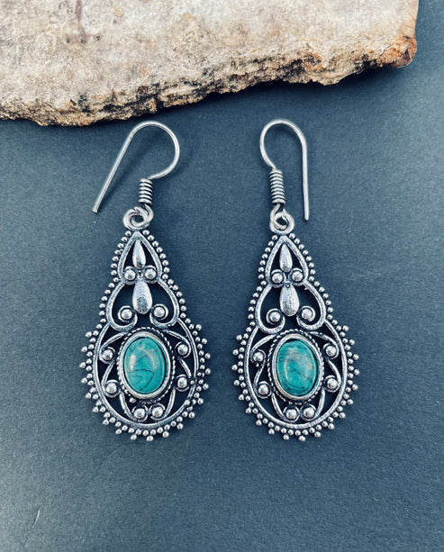 Ethnic Turquoise Silver Drop Dangle earrings / Birth Stone / Ethnic / rustic, yoga, hippie, gypsy, pretty, psy, boho, bohemian, festival
