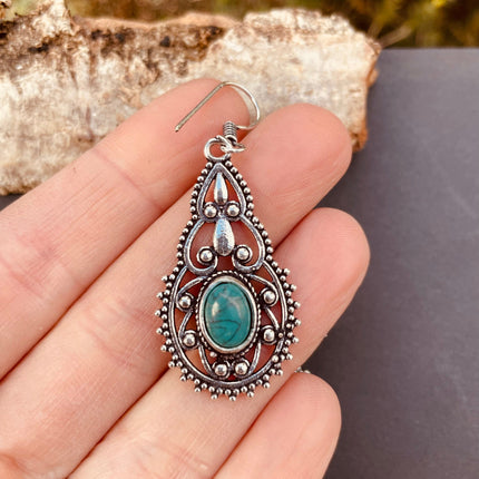 Ethnic Turquoise Silver Drop Dangle earrings / Birth Stone / Ethnic / rustic, yoga, hippie, gypsy, pretty, psy, boho, bohemian, festival